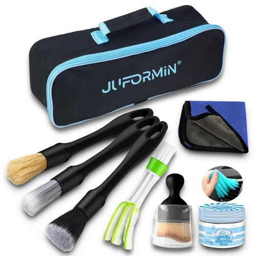 Juformin 7-teiliges Auto-Detailing-Pinselset – Pinsel mit unterschiedlichen Härtegraden, inkl. natürliches Reinigungsgel, Universal-Set für Auto Innen & Außen, ideal für Räder, Lüftungsschlitze & Lede