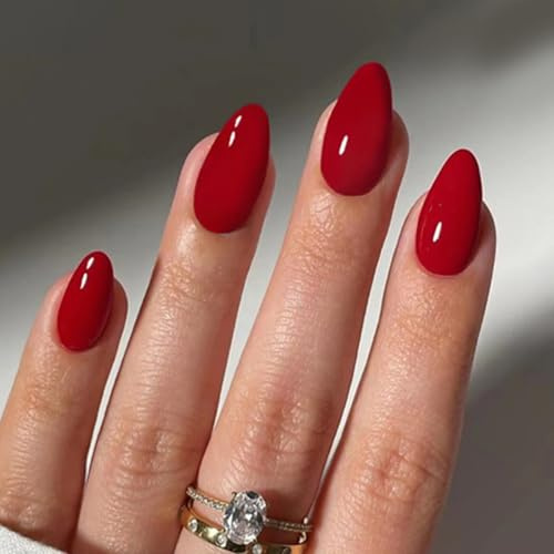 Ceboic 24 Stück French Press on Nails Kurz Mandel, Full Cover Nägel zum Aufkleben Acryl Fingernägel Künstliche Nägel, Glossy Kunstnägel Selbstklebende Ballerina Fake Nails für Frauen - Rot