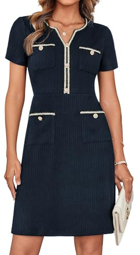 Damenkurzes Ärmel Elegantes A-Linie Kleid für Arbeit Business Büro Frühling Sommer Formelle Spezialkleider Marineblau XXL