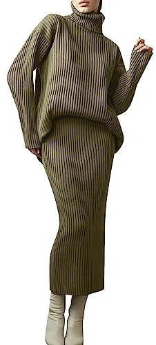 Jogginganzug Damen Oversize Y2K - Strickset,Rock Und Oberteil,Gerippt Rollkragenpullover,Slimfit Stickrock,Langarm Freizeitanzug,Teenager Mädchen Loungewear Set,Aesthetic E-Girl Streetwear