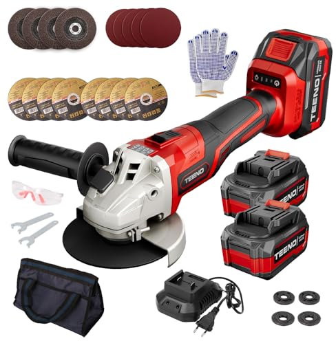 TEENO Smerigliatrice angolare senza fili 21 V 1000 W Brushless | 9100 RPM, 2 batterie da 4,0 Ah | Dischi da taglio 125 mm + disco a lamelle, per taglio metallico/legno/Rockwool, officina e fai da te