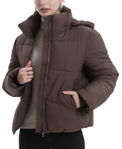 PUFFIT Women's Cropped Puffer Jackets,Warm Winter Jacket with Removable Hood,Zipped Pockets,Short Ladies Quilted Coat