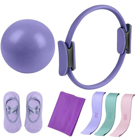 omiinitio Lot de 7 anneaux de pilates essentiels pour le renforcement musculaire et la flexibilité, avec balle d'exercice, bande élastique et accessoires d'entraînement