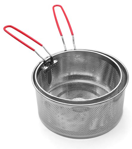 Piuluvor® 2 Stück Frittierkorb für Topf, Nudelsieb Edelstahl Lebensmittel Siebkorb mit Abnehmbaren Griff, Metall Küchensieb zum Waschen Abtropfen Frittieren Kochen (17,5 cm + 19,5 cm)