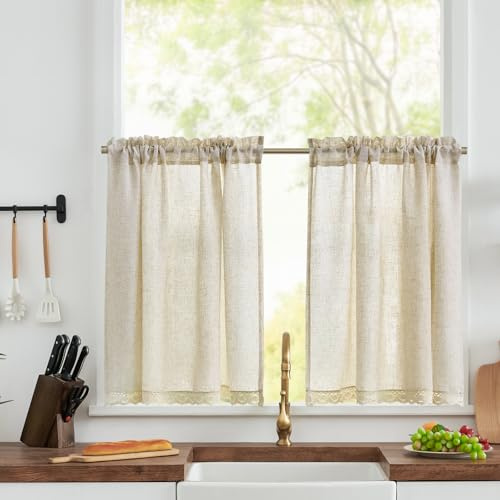 TOPICK Scheibengardinen Spitzen modern Bistrogardinen 2er Set H60xB90 Beige | Blickdicht Küchenvorhänge Leinenoptik Lichtdurchlässig Schrank Kurzgardine Küchfenster landhausstil küchengardine Wohnzimmer