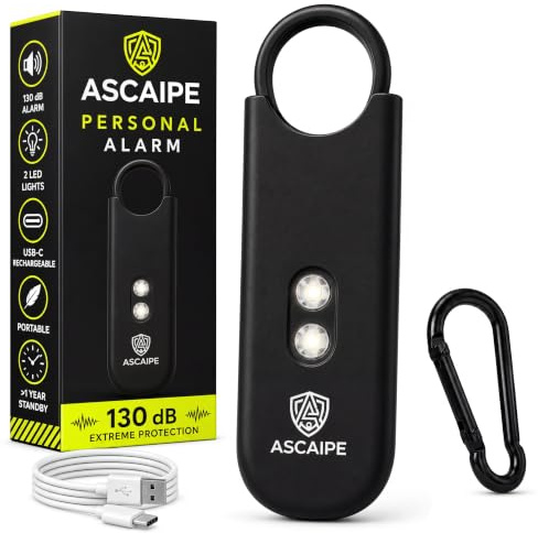Taschenalarm 130 dB mit LED-Stroboskop, wiederaufladbar – Schwarz | Laut und sichtbar: 130 dB, 2 Lautsprecher, LED-Stroboskop – wiederaufladbar, mit Batteriewarnung, Taschenlampe und Karabiner