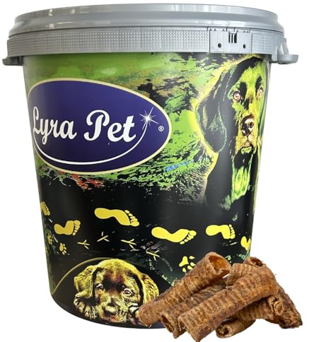 Lyra Pet® 5 kg Rinderstrossen mittel getrocknet in 30 L Tonne Kausnack | Naturbelassenes, proteinhaltiges Leckerli - Nährstoffreiche Belohnung - Knorpelreich & bissfest - Gut verträglich