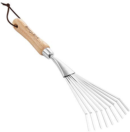 Berry&Bird Laubbesen mit kurzem Stiel, 37.3 cm Rechenbesen aus Edelstahl, Garten-Rechen mit Stiel aus Eschenholz, Kleinbesen für Rasen, Hand-Fächerbesen mit 9 Zinken für Garten Terrasse