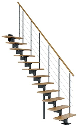 DOLLE Mittelholmtreppe - 11 Stufen - Geschosshöhe 228 – 300 cm - Geradelaufend - Stufen Eiche, lackiert - Unterkonstruktion: Anthrazit (RAL 7016) - volle Stufen 70 cm - inkl. Geländer - Nebentreppe
