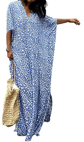 Bsubseach Beach Kaftan Dresses Cheetah Long Rayon Caftan Swim Cover Up Muumuu Animal Dress Oversized Coverups Swimwear Blue Leopard
