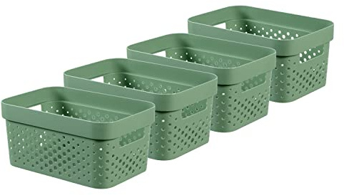CURVER Infinity Dots Set of 4 Rectangular Storage Boxes, 100% Recycled Resin, Nestable & Multifunctional, 4.5 Litres, Green