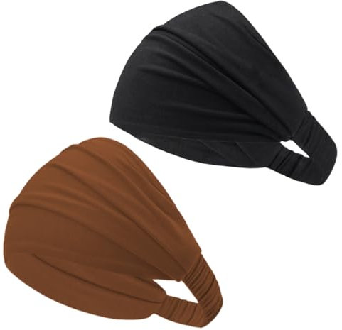 Tadipri Fasce Per Capelli 2 Pezzi- Tinta Unita In Cotone - Funzione 3 In 1 Con Fascia Elastica - Accessori Da Spiaggia Mare E Piscina (1 Marrone Chiaro E 1 Nera)