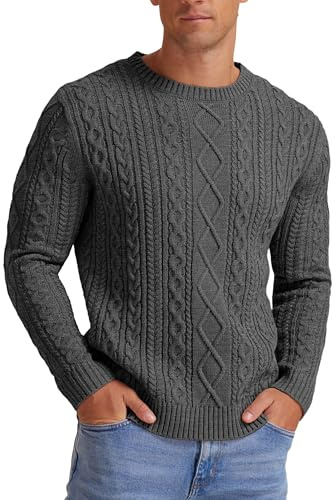 Hisir Men's Cable Knit Jumpers Winter Casual Crew Neck Thick Warm Long Sleeve Sweater Pullover Tops for Men UK