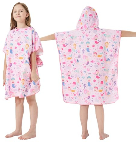 jooeer Bambini Swim Poncho Surf Poncho Asciugamano con Cappuccio, Robe da Bagno Towel in Microfibra Assorbente, Accappatoio per Surf Viaggi Campeggio Piscina Spiaggia, Sirena Rosa