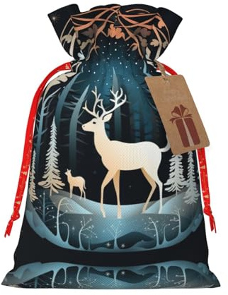 DURAGS Geschenktasche mit Kordelzug, Motiv: Weihnachtsbaum, Hirsch, schicke Stoff-Geschenktüte für Weihnachten – ideal für jeden Anlass
