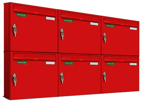 AL Briefkastensysteme Basic 6er Briefkasten RAL 3000 Feuer Rot 6 Fächer DIN A4 wetterfest Briefkastenanlage mit Posthaltebügel und 2 Namensschildern