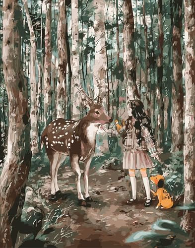 Yoonqun Malen Nach Zahlen Erwachsene,Wald Mädchen Hirsch DIY ohne Rahmen Ölgemälde auf Leinwand Erwachsene Kinder Ölgemälde Kit mit Pinseln und Acrylfarbe für Home Décor 45x60cm