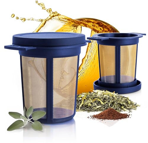 Finum Brewing Basket M Teesieb Für Losen Tee, Edelstahl Teefilter mit Abtropfschale, Dauerfilter für Tee und Kaffee, BPA frei, Größe M, Blau (2)