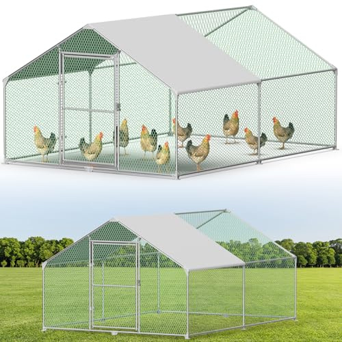 Hühnerstall Freilaufgehege，Verzinkter Stahl Freilaufgehege，Hühnerhaus mit Sicherheitsschloss und Wasserdichtes PE-Farbtuch，Outdoor Geflügelstall für Kaninchen Hühner und weitere Kleintiere，3X4M