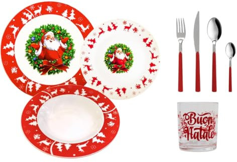 Omniacasa Set Piatti di Natale 96 Pezzi | 36 Piatti Porcellana 12 Bicchieri Buon Natale 48 Posate Acciaio con Manico Rosso Per 12 Persone | Decoro Babbo Natale Con Ghirlanda Natalizia