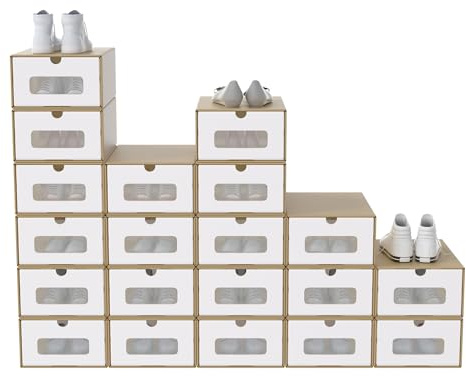 SUBTLETY 20 Stück Schuhboxen Pappkarton Schuhkiste mit Sichtfenster Klappbare Schuhschachtel aus Kraftpapier Stapelbar Schuhkarton Aufbewahrungsbox Schuhschlitze für Schuhe bis zu Größe 46 (Braun)