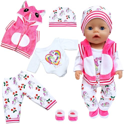 Puppenkleidung 36-43 cm, Baby Puppenkleider Enthält 1 Hut 1 Langarm Top 1 Ärmellose Jacke 1 Hose 1 Paar Socken, 5 Neu Kleidung und Zubehör, Niedliche Tierdrucke Puppensachen für Junge Mädchen Geschenk