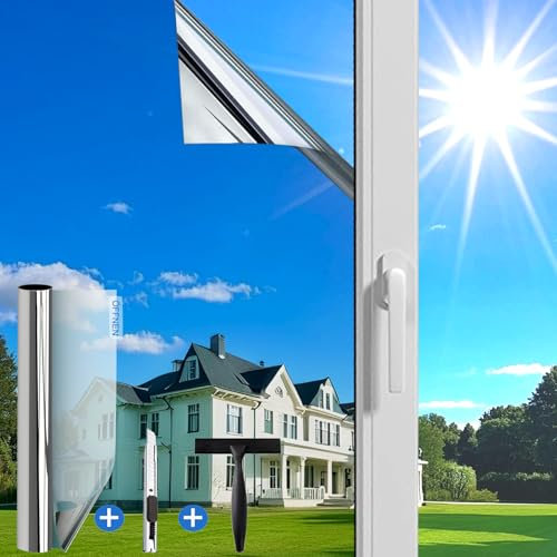 Guuteee(44.5X200cm Silber) UV-Schutz Sonnenschutzfolie Fenster innen oder außen/Spiegelfolie Fensterfolie Hitzeschutz/Rückstandslose Thermofolie Hitzeschutzfolie Fenster