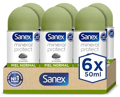 Sanex Mineral Protect, Desodorante Hombre o Mujer, Desodorante Roll-on Pack 6 x 50ml, Respeta la piel y respeta el planeta
