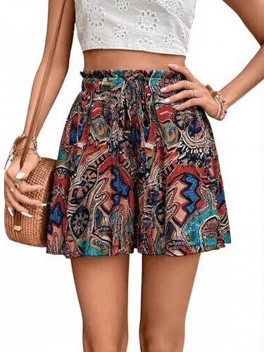 EIRUKON Pantaloncini Donna Estivi Boho Casual Larghi Shorts Donna Leggero Pantaloni Corti a Gamba Larga Elasticizzata Eleganti Vita Alta Spiaggia,Retro,L