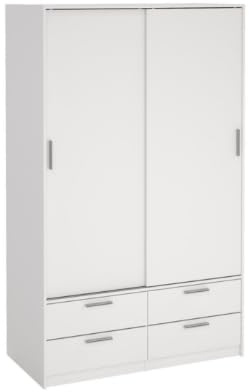 Élégante armoire avec miroir avec 4 tiroirs, rails de suspension et étagères – Armoire de rangement moderne à double porte coulissante pour chambre à coucher, finition blanche, solution de meuble peu