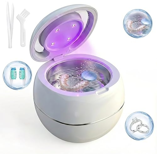 Etermeish Ultrasonic Retainer Cleaner Machine, White, 42KHZ Dental Cleaning Pod For Denture, Toothbrush Heads,Jewelry, Braces, Digital Timer with 2 Modes, 180ML,304 stainless steel inner liner