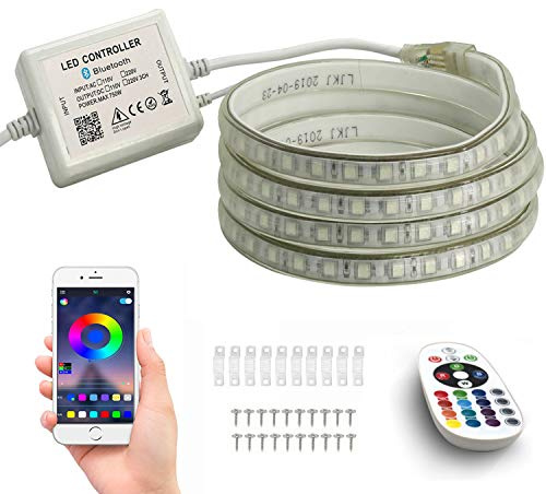 FOLGEMIR 10m RGB LED Streifen, Bluetooth kontrolliert Strip, 220V dimmbar Lichterkette, 5050 SMD 60 LEDs/m Farbwechsel Led Band, wasserdicht Lichtschlauch mit Trafo & 24-Tasten IR Fernbedienung