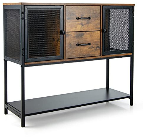 GOPLUS Aparador Industrial, Armario auxiliar multifuncional con armarios y cajones y estante inferior, mesa consola para salón, dormitorio, cocina, comedor, marrón+negro