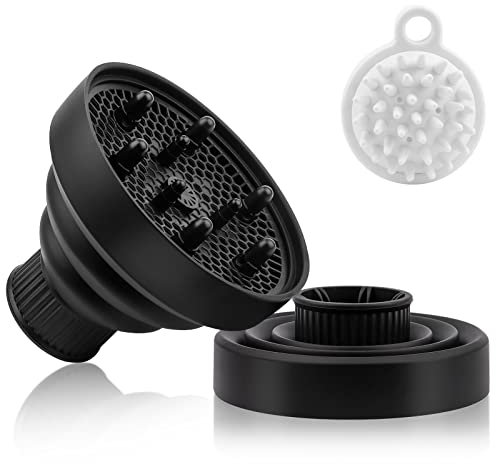 Diffusore Capelli Ricci Diffusore Capelli Pieghevole Silicone Phon Diffusore per Capelli Ricci e Mossi Diffusori con Massaggiatore Capelli per Diametro 1.57-1.97 | Nero