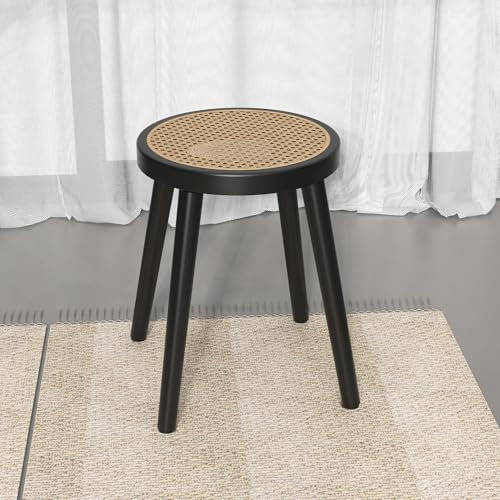 [PJ Collection] Hocker aus natürlichem Rattan, handgefertigtes Holz, leicht, handgewebt, keine Werkzeugmontage (rund, schwarz)