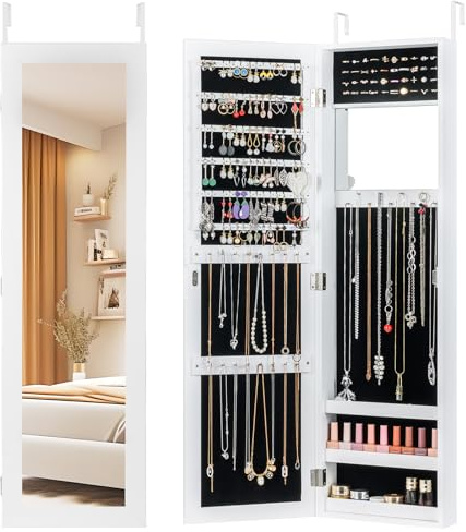 COSTWAY Armario para Joyas con Espejo de Puerta, Organizador de Joyas de Cuerpo Entero, Espejo de Maquillaje Incorporado, Ganchos y 3 Estantes de Almacenamiento (Blanco)
