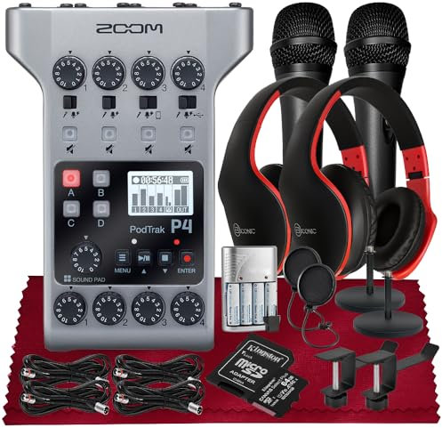Zoom PodTrak P4 Portable Multitrack Podcast Recorder, Audio Interface w/ 4 Mic Inputs, 4 Headphone Outputs + Handheld Mic, Pop Filter, Headphone w/Built-in Mic, Rechargeable Batteries & More