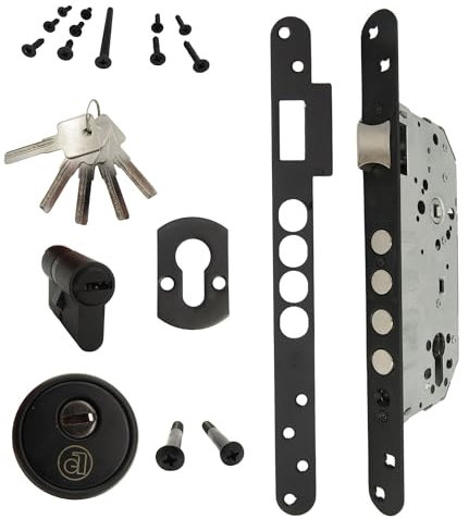 AZERODESIGN-Cerradura Embutir-Cerradura Seguridad-4 Bulones -Cerradura Exterior Puerta-Canto Redondeado-Cerradura Puerta-5 Llaves-Orificio de Entrada de 50mm-NEGRO