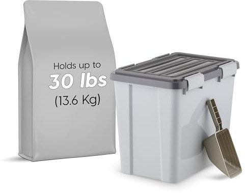 IRIS USA Stackable Dog Food Storage Container with 2 Cup Scoop, 4 Secure Latches, Fits up to 30 lbs, Pet Dry Food Bin, Gasket Seal Lid, BPA Free, Stackable, Easy Measure, Gray/Dark Gray