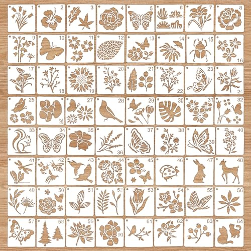 wadafen 64 Pcs Animals and Plants Stencils Set for Painting,Butterfly Flower Bird Reusable DIY Painting Stencils for Wood,Wall,Furniture and Card Making,Scrapbooking,DIY Home Decor(3 x 3 Inch)