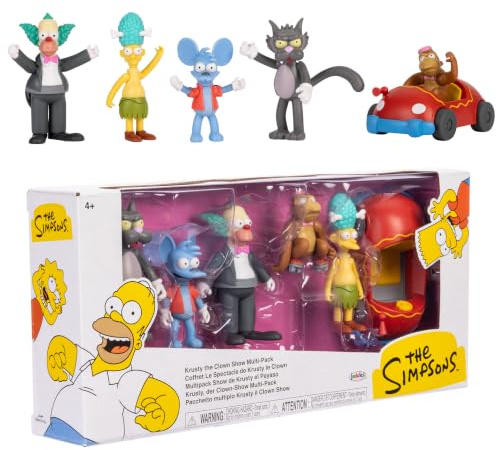 Pack múltiple de Figuras de acción de Los Simpson, Escala de 6,35 cm, de JAKKS Pacific. Incluye a Krusty, Mojo, Itchy, Scratchy y Sideshow Mel, Junto con el Coche de Payasos de Krusty.