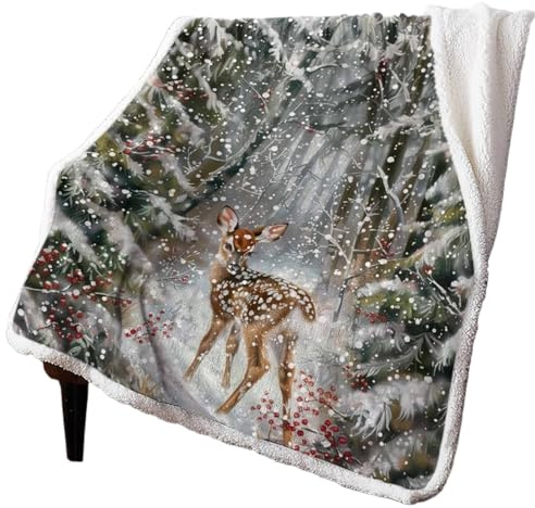 XGTEAHHC Coperta natalizia in cashmere, con fiocchi di neve, renna e neve, calda e morbida, per letto, divano, coperta in lana (150 x 200 cm)