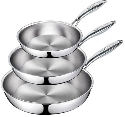 SLOTTET Juego de sartenes de acero inoxidable de tres capas de 8-10-11.5 pulgadas, sartén sin revestimientos, con mango que se mantiene fresco para cocinar, juego de ollas y sartenes, apto para