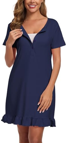 Beuwltpa Camicia da notte da notte da donna con bottoni e maniche corte da notte da donna con orlo arricciato morbido camicia da notte per allattamento, Blu, XXL
