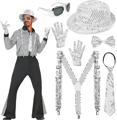 6 Stück Glitzer Outfit Herren Pailletten Hosenträger Set Disco Glitzer Accessoires mit Hut, Hosenträger, Krawatte, Fliege, Handschuhe, Brille, 80 Jahre Kostüm für Disco Karneval Party, Silber