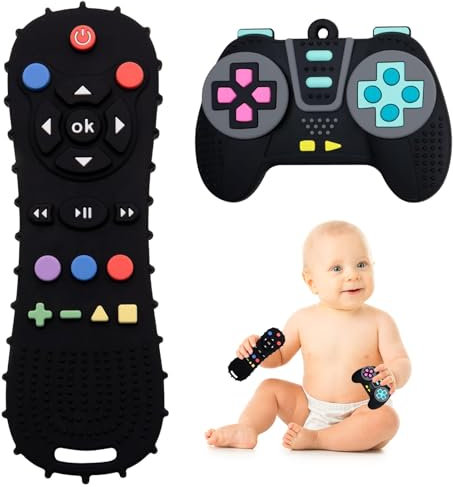 Mordedor Mando a Distancia 2 Piezas Mando Juguete Bebe Silicona Juguetes para la Dentición Mordedo de Control Remoto Mordedor Bebe Refrigerante para 3 a 12 Meses (Negro+Negro)