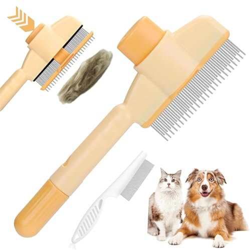 Peigne autonettoyant pour animaux de compagnie - Peigne à puces pour chat - Brosse autonettoyante pour poils longs et courts - Avec bouton de déverrouillage - Jaune