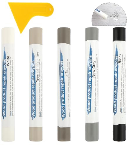 Laminat Reparaturset 6 Pcs, Holzkitt Graue Holzreparatur Set mit Schaber, Hartwachs Reparaturset, Parkett Reparaturset, Heißer Holzreparaturstift zur Behebung von Schäden und Kratzern auf Holzfußböden