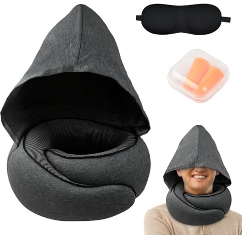 Focenat Oreiller de Voyage à Capuche pour Avion, Coussin de Nuque pour Voyage, Oreiller de Voyage en Mousse à Mémoire de Forme pour Adulte, Coussin de Voyage pour Voiture Train Bureau