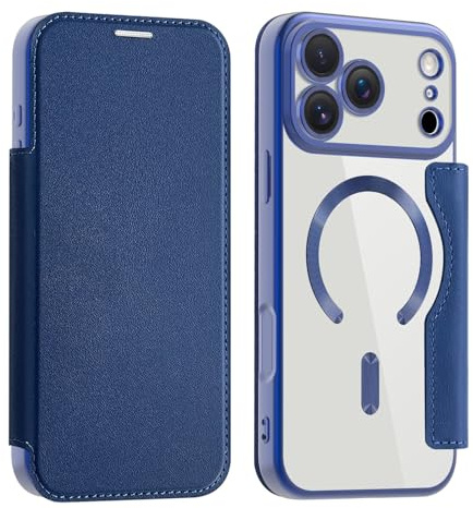 Unichthy Magnetic Flip Case for iPhone 17 Pro Max Clear Cover |RFID Blocking| Wallet Purse Shockproof Leather Stand Cover Individual Protection for Each Lens Phone Skin for iPhone 17 Pro Max Blue